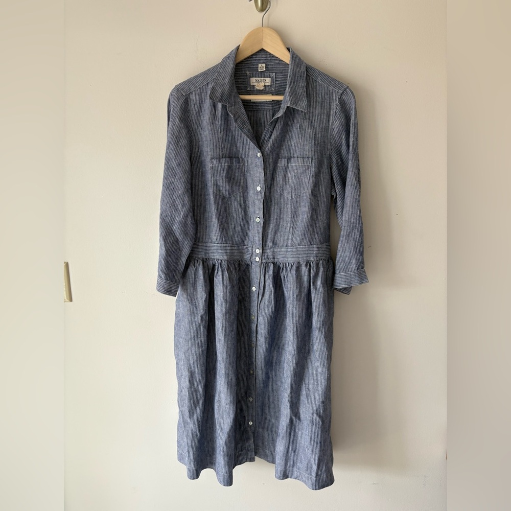 NWOT Marvin 100% Linen Striped Shirt Dress Button Front Blue/White Sz. 10